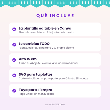 Cajas para Veladoras en Canva | Caja Día de Muertos Editable, Alto 15 cm en 2 Hojas Carta