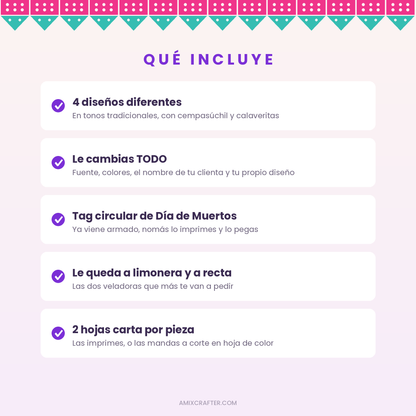 Porta Veladora Día de Muertos | Plantilla Editable en Canva para Veladora Limonera y Recta, 2 Hojas Carta