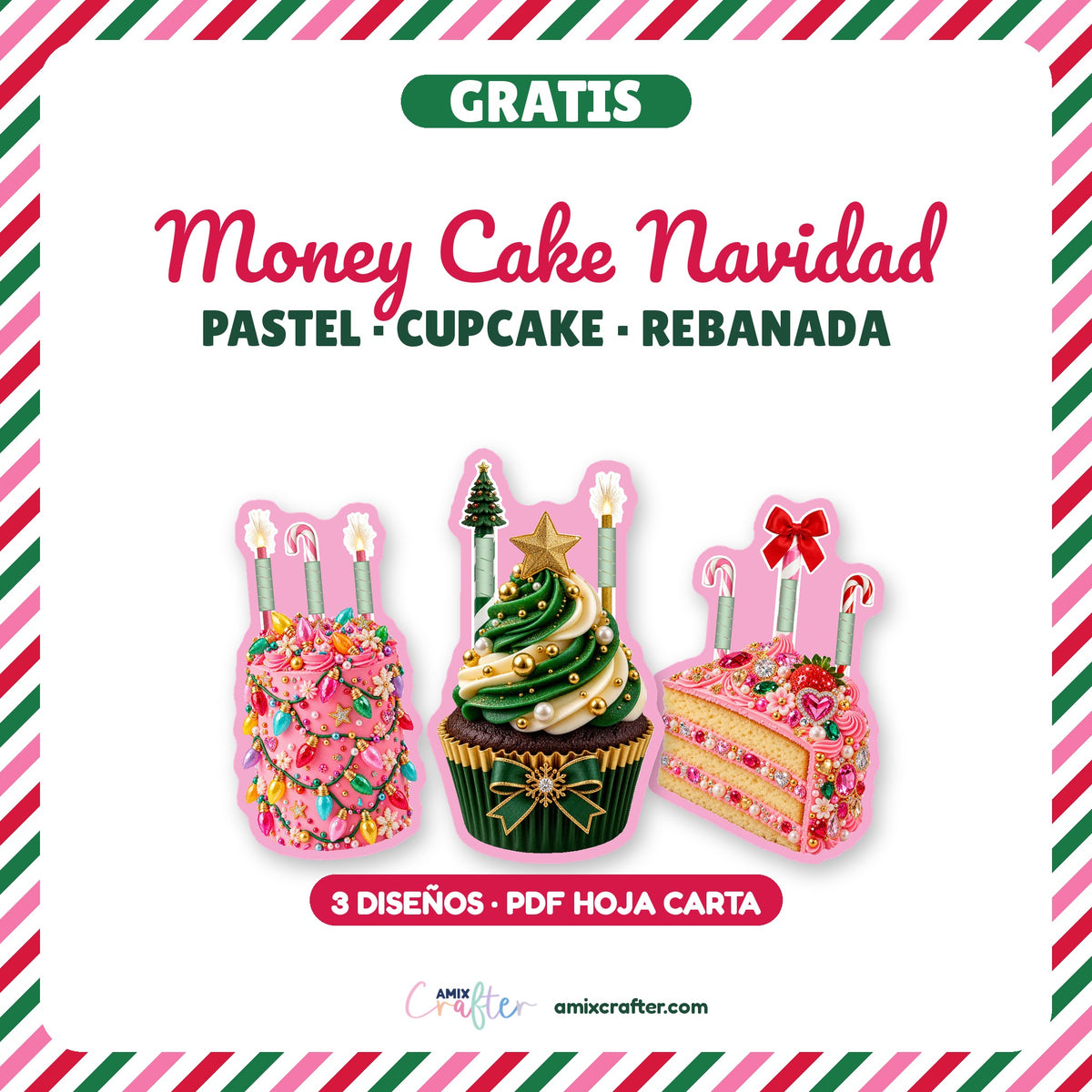 Money Cake Navidad Gratis | Pastel, Cupcake y Rebanada Porta Billetes para Imprimir (PDF)