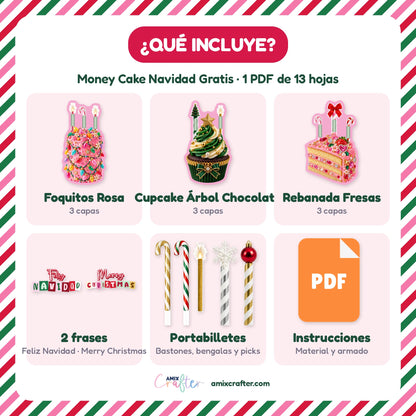 Money Cake Navidad Gratis | Pastel, Cupcake y Rebanada Porta Billetes para Imprimir (PDF)