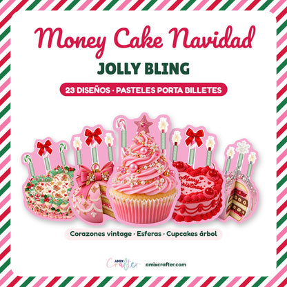 Money Cake Navidad Jolly Bling | 23 Pasteles Porta Billetes Navideños para Imprimir y Cortar · PNG + SVG + PDF