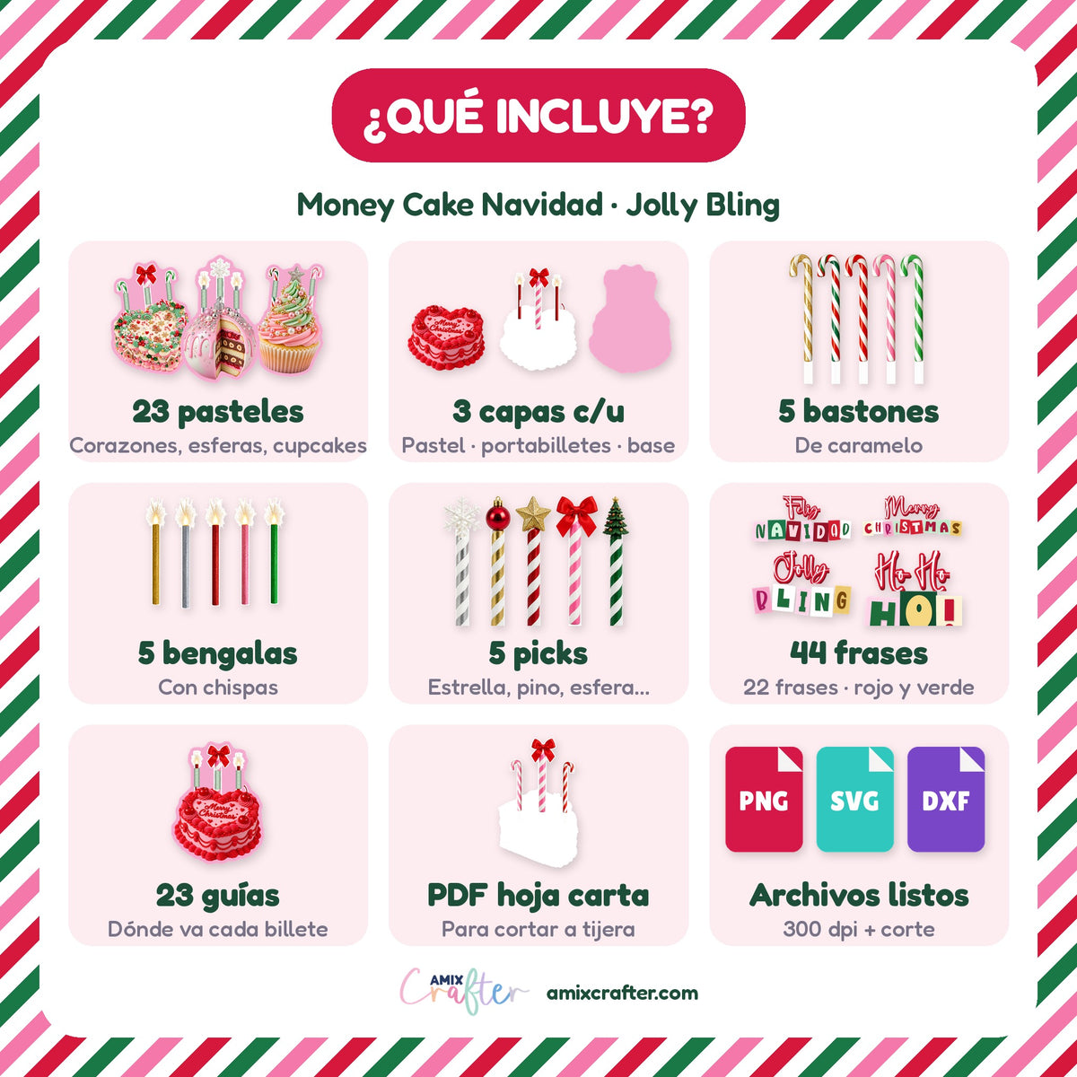 Money Cake Navidad Jolly Bling | 23 Pasteles Porta Billetes Navideños para Imprimir y Cortar · PNG + SVG + PDF