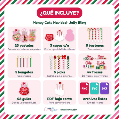 Money Cake Navidad Jolly Bling | 23 Pasteles Porta Billetes Navideños para Imprimir y Cortar · PNG + SVG + PDF
