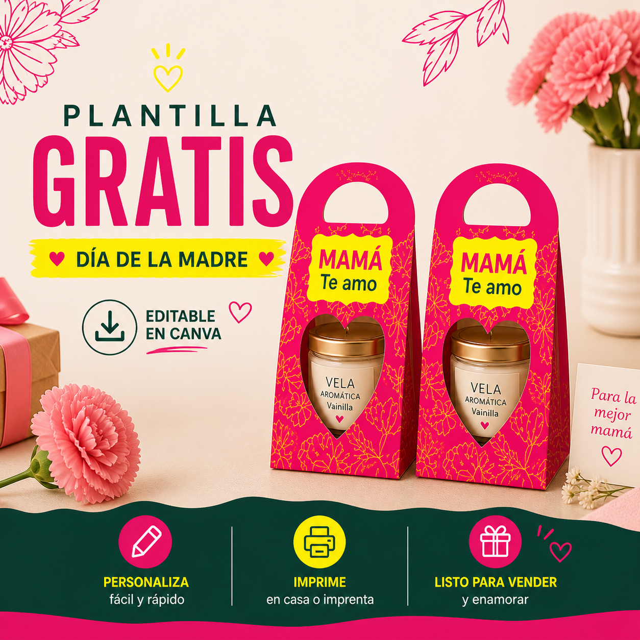 Plantilla GRATIS Día de la Madre | Holder “Mamá Te Amo” Editable en Canva