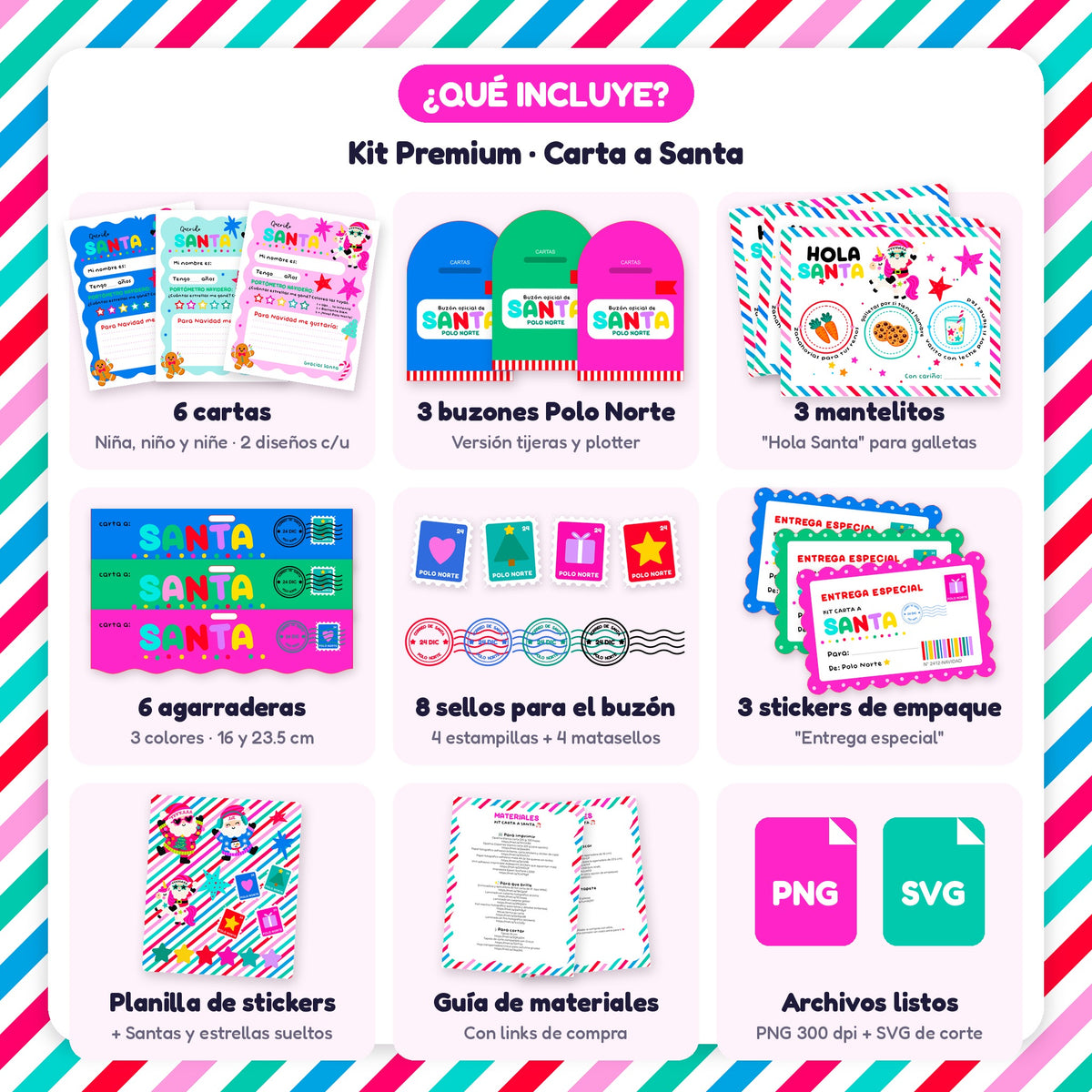 Kit Carta a Santa Premium | Carta, Buzón Polo Norte, Mantelito y Stickers para Imprimir · PNG + SVG