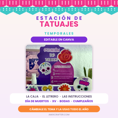 Caja para Tatuajes Temporales en Canva | Estación de Tatuajes Editable para Fiestas, XV y Día de Muertos
