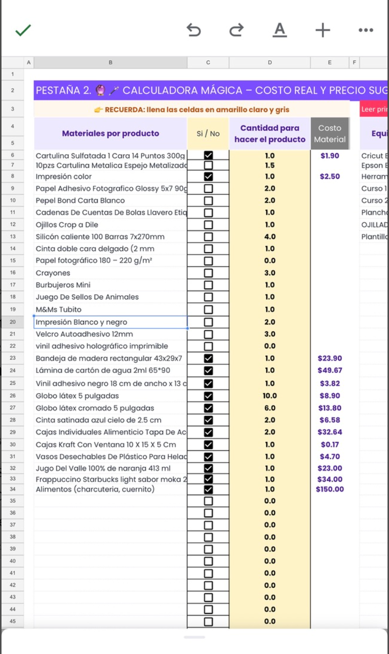 Screenshot de la pestaña Calculadora Mágica con columnas Sí/No en dispositivo móvil